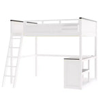 Lit mezzanine Queen avec bureau, étagère de rangement et station de recharge USB, cadre de lit mezzanine en bois avec lattes et garde-corps, blanc
