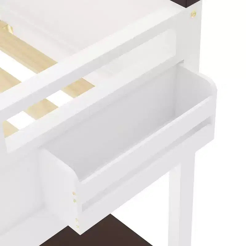 Lit mezzanine Queen avec bureau, étagère de rangement et station de recharge USB, cadre de lit mezzanine en bois avec lattes et garde-corps, blanc