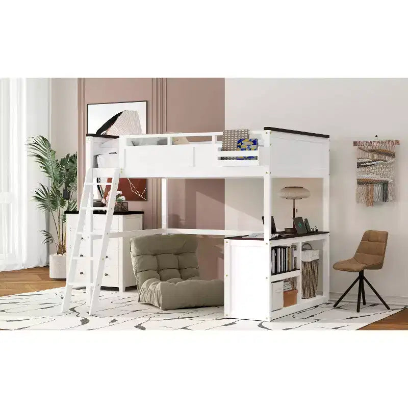 Lit mezzanine Queen avec bureau, étagère de rangement et station de recharge USB, cadre de lit mezzanine en bois avec lattes et garde-corps, blanc