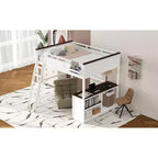 Lit mezzanine Queen avec bureau, étagère de rangement et station de recharge USB, cadre de lit mezzanine en bois avec lattes et garde-corps, blanc