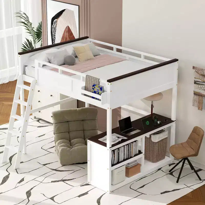 Lit mezzanine Queen avec bureau, étagère de rangement et station de recharge USB, cadre de lit mezzanine en bois avec lattes et garde-corps, blanc