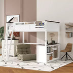 Lit mezzanine Queen avec bureau, étagère de rangement et station de recharge USB, cadre de lit mezzanine en bois avec lattes et garde-corps, blanc