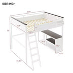 Lit mezzanine Queen avec bureau, étagère de rangement et station de recharge USB, cadre de lit mezzanine en bois avec lattes et garde-corps, blanc