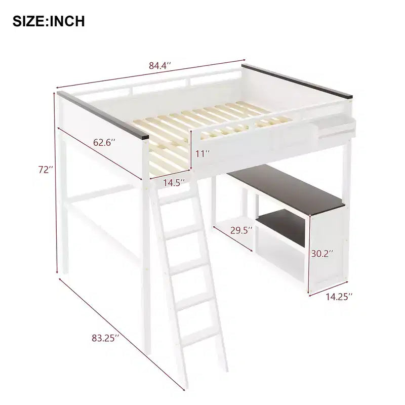Lit mezzanine Queen avec bureau, étagère de rangement et station de recharge USB, cadre de lit mezzanine en bois avec lattes et garde-corps, blanc