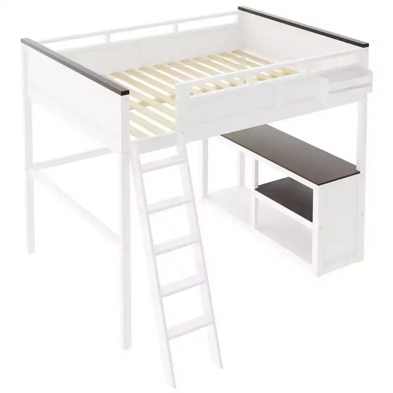 Lit mezzanine Queen avec bureau, étagère de rangement et station de recharge USB, cadre de lit mezzanine en bois avec lattes et garde-corps, blanc