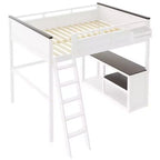 Lit mezzanine Queen avec bureau, étagère de rangement et station de recharge USB, cadre de lit mezzanine en bois avec lattes et garde-corps, blanc