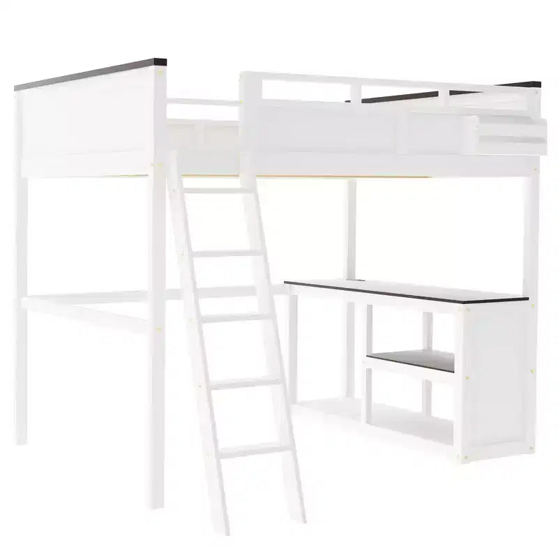 Lit mezzanine Queen avec bureau, étagère de rangement et station de recharge USB, cadre de lit mezzanine en bois avec lattes et garde-corps, blanc