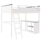 Lit mezzanine Queen avec bureau, étagère de rangement et station de recharge USB, cadre de lit mezzanine en bois avec lattes et garde-corps, blanc