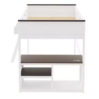 Lit mezzanine Queen avec bureau, étagère de rangement et station de recharge USB, cadre de lit mezzanine en bois avec lattes et garde-corps, blanc