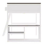 Lit mezzanine Queen avec bureau, étagère de rangement et station de recharge USB, cadre de lit mezzanine en bois avec lattes et garde-corps, blanc