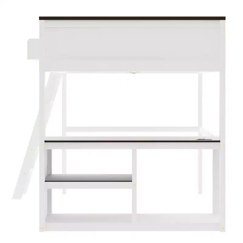 Lit mezzanine Queen avec bureau, étagère de rangement et station de recharge USB, cadre de lit mezzanine en bois avec lattes et garde-corps, blanc