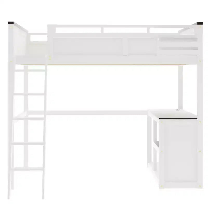 Lit mezzanine Queen avec bureau, étagère de rangement et station de recharge USB, cadre de lit mezzanine en bois avec lattes et garde-corps, blanc