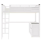 Lit mezzanine Queen avec bureau, étagère de rangement et station de recharge USB, cadre de lit mezzanine en bois avec lattes et garde-corps, blanc