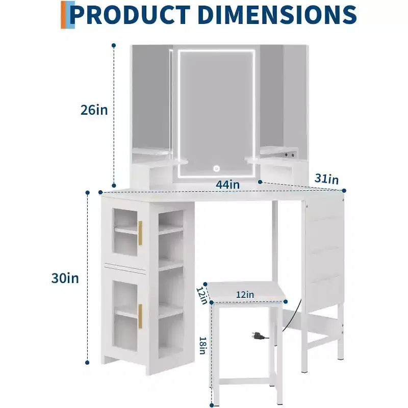 Coiffeuse d'angle avec miroir lumineux LED, 3 modes d'éclairage, tabouret, rangement et prise électrique, coiffeuse moderne pour chambre à coucher, studio de maquillage