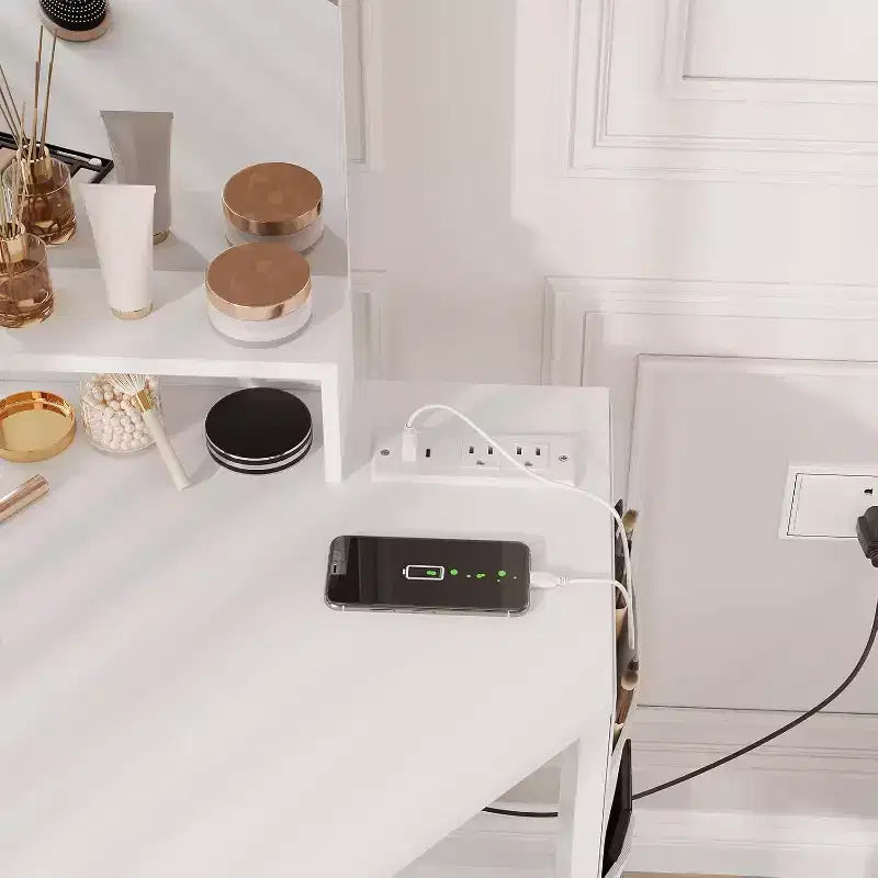 Coiffeuse d'angle avec miroir lumineux LED, 3 modes d'éclairage, tabouret, rangement et prise électrique, coiffeuse moderne pour chambre à coucher, studio de maquillage