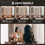 Coiffeuse d'angle avec miroir lumineux LED, 3 modes d'éclairage, tabouret, rangement et prise électrique, coiffeuse moderne pour chambre à coucher, studio de maquillage