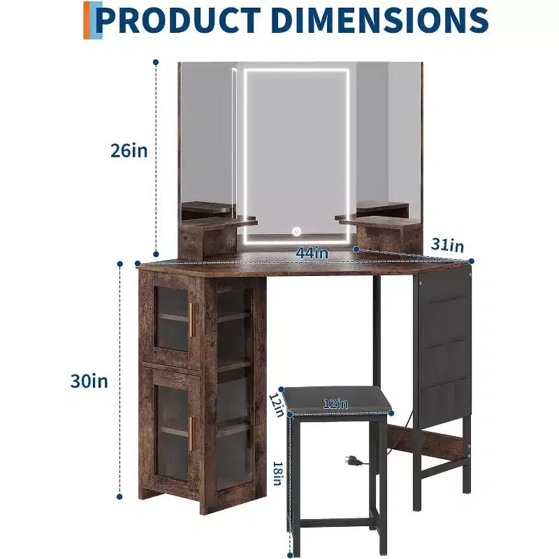 Coiffeuse d'angle avec miroir lumineux LED, 3 modes d'éclairage, tabouret, rangement et prise électrique, coiffeuse moderne pour chambre à coucher, studio de maquillage