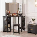 Corner Dressing Table with LED Light Mirror, 3 Lighting Modes, Stool, Cabinet and Power Outlet, Modern Dressing Table for Bedroom, Makeup Studio