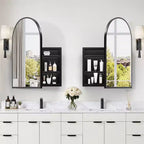 PexFix 39,4 x 24,5 Armoire de toilette noire arquée avec miroir, cadre en métal, encastrable, pour meuble de salle de bain, avec 2 étagères