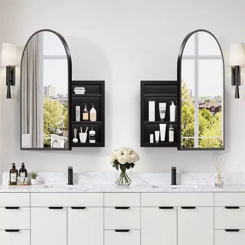 PexFix 39,4 x 24,5 Armoire de toilette noire arquée avec miroir, cadre en métal, encastrable, pour meuble de salle de bain, avec 2 étagères