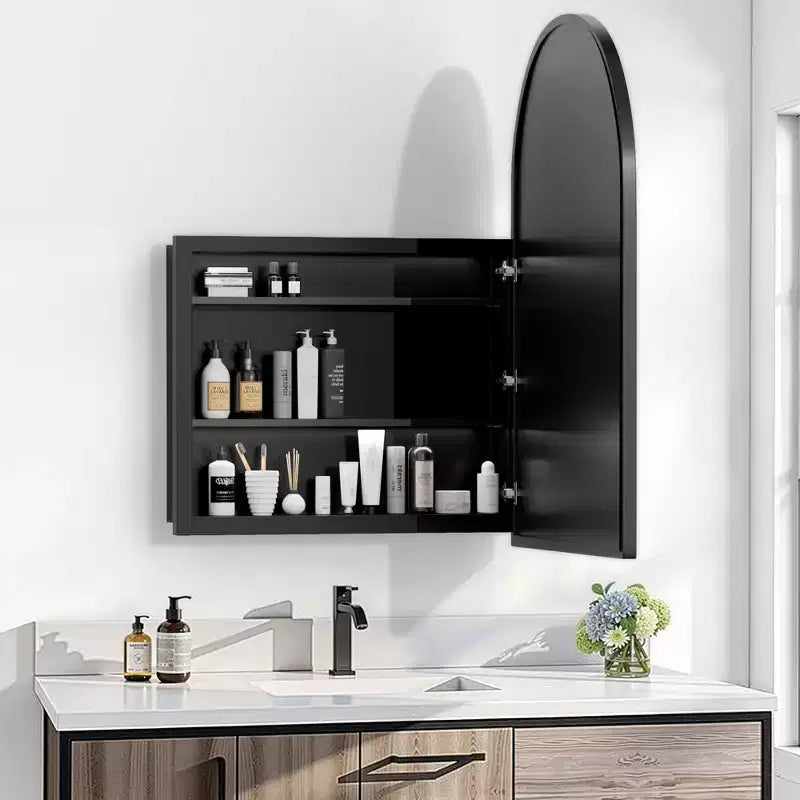 PexFix 39,4 x 24,5 Armoire de toilette noire arquée avec miroir, cadre en métal, encastrable, pour meuble de salle de bain, avec 2 étagères