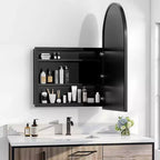 PexFix 39,4 x 24,5 Armoire de toilette noire arquée avec miroir, cadre en métal, encastrable, pour meuble de salle de bain, avec 2 étagères