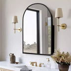 PexFix 39,4 x 24,5 Armoire de toilette noire arquée avec miroir, cadre en métal, encastrable, pour meuble de salle de bain, avec 2 étagères