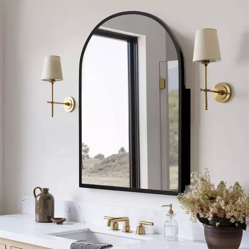 PexFix 39,4 x 24,5 Armoire de toilette noire arquée avec miroir, cadre en métal, encastrable, pour meuble de salle de bain, avec 2 étagères