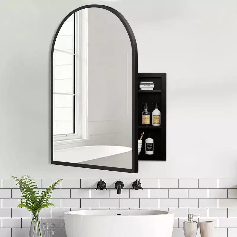 PexFix 39,4 x 24,5 Armoire de toilette noire arquée avec miroir, cadre en métal, encastrable, pour meuble de salle de bain, avec 2 étagères