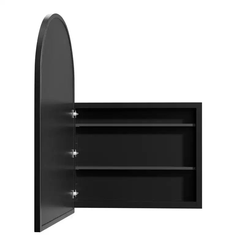 PexFix 39,4 x 24,5 Armoire de toilette noire arquée avec miroir, cadre en métal, encastrable, pour meuble de salle de bain, avec 2 étagères