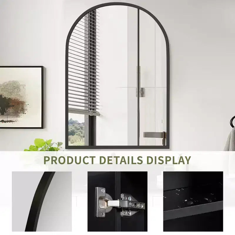PexFix 39,4 x 24,5 Armoire de toilette noire arquée avec miroir, cadre en métal, encastrable, pour meuble de salle de bain, avec 2 étagères