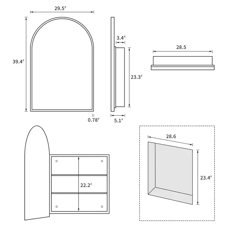 PexFix 39,4 x 24,5 Armoire de toilette noire arquée avec miroir, cadre en métal, encastrable, pour meuble de salle de bain, avec 2 étagères