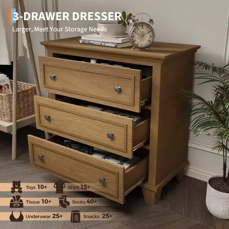 Commode à 3 tiroirs pour chambre à coucher, commode en bois de 81 cm de large, petite table de chevet, organisateur de rangement de vêtements pour chambre à coucher
