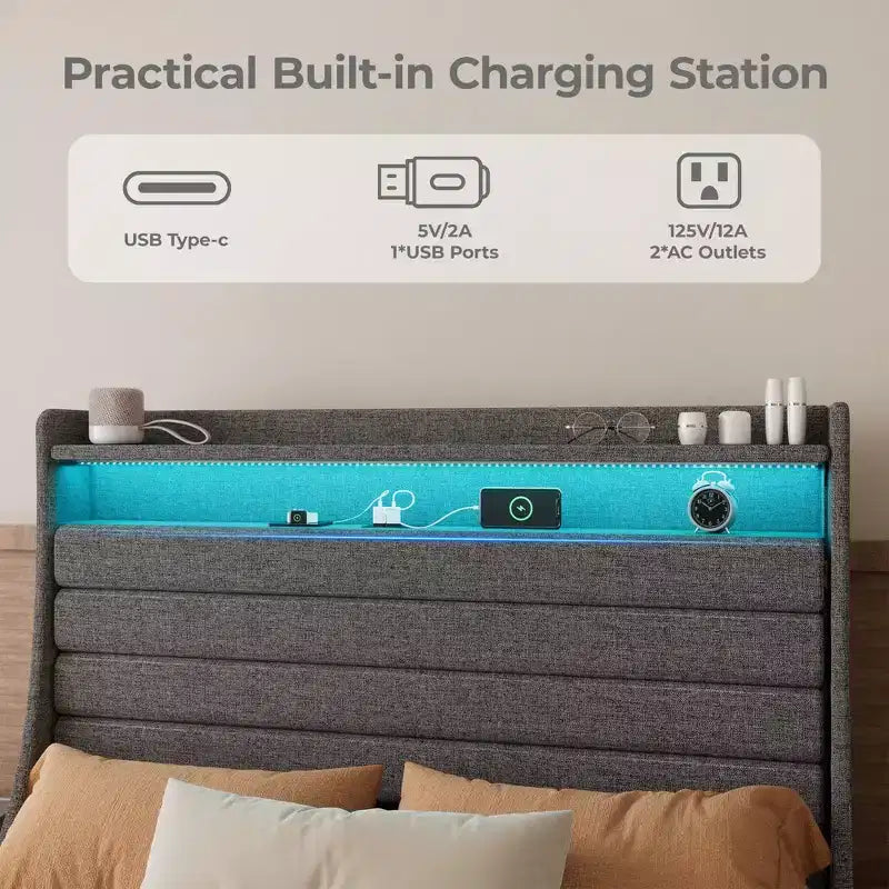 Cadre de lit plateforme rembourré avec station de charge, lit moderne avec tête de lit en lin, support à lattes en bois