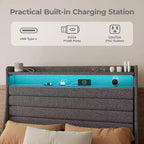 Cadre de lit plateforme rembourré avec station de charge, lit moderne avec tête de lit en lin, support à lattes en bois