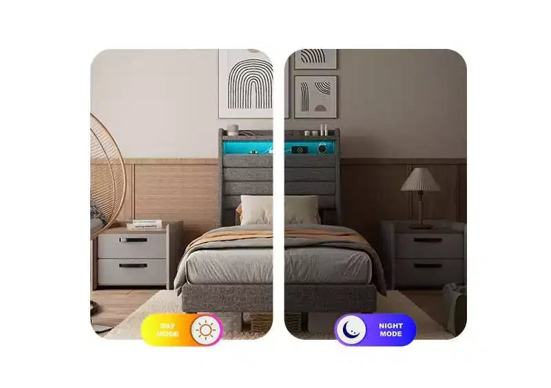 Cadre de lit plateforme rembourré avec station de charge, lit moderne avec tête de lit en lin, support à lattes en bois