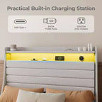 Cadre de lit plateforme rembourré avec station de charge, lit moderne avec tête de lit en lin, support à lattes en bois