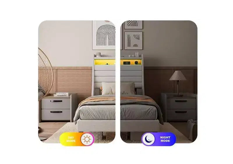 Cadre de lit plateforme rembourré avec station de charge, lit moderne avec tête de lit en lin, support à lattes en bois