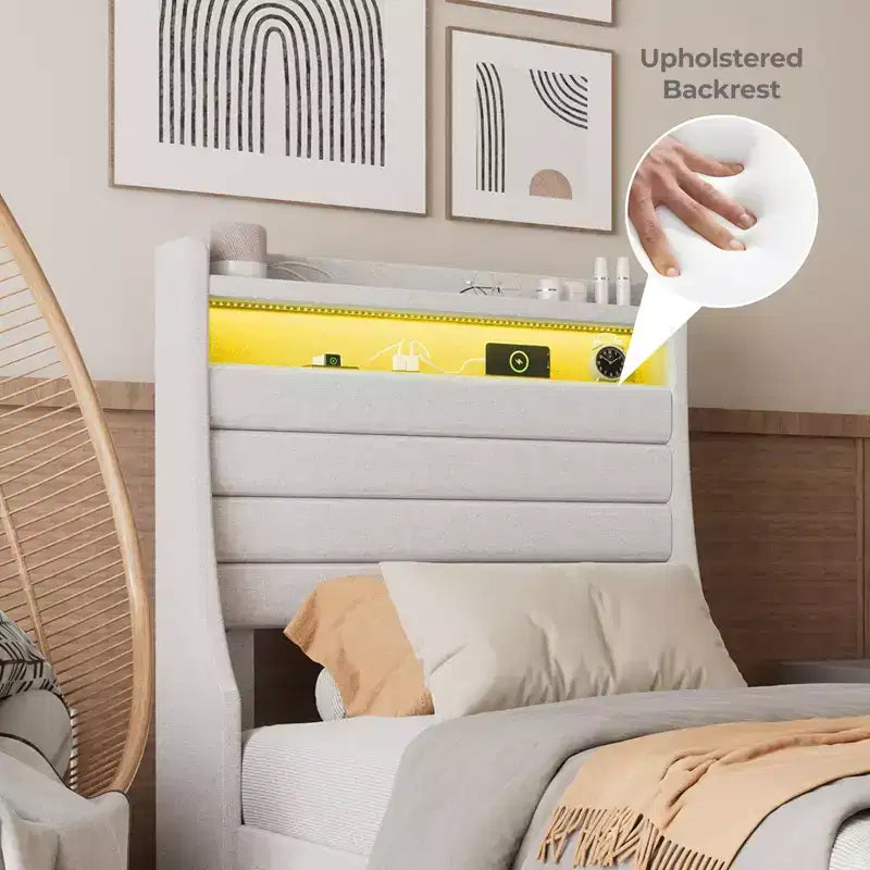 Cadre de lit plateforme rembourré avec station de charge, lit moderne avec tête de lit en lin, support à lattes en bois