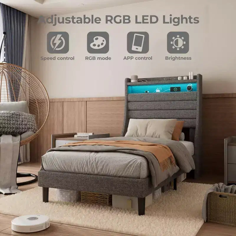 Cadre de lit plateforme rembourré avec station de charge, lit moderne avec tête de lit en lin, support à lattes en bois