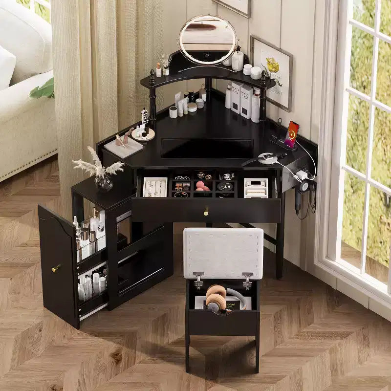 Coiffeuse vintage avec prise de courant et port USB, commode de rangement avec tabouret rembourré, table de maquillage en bois pour petites chambres