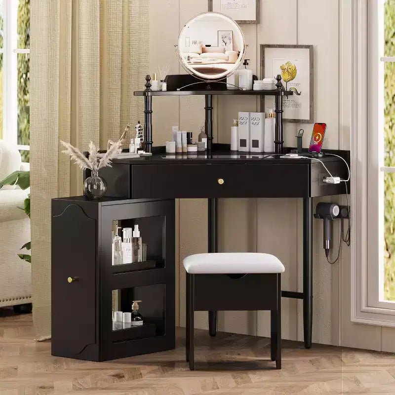 Okak Vintage Vanity Table with Charging Plug & USB Port,Storage Dressing Desk with Cushioned Stool,Wooden Makeup Table for Small Bedrooms