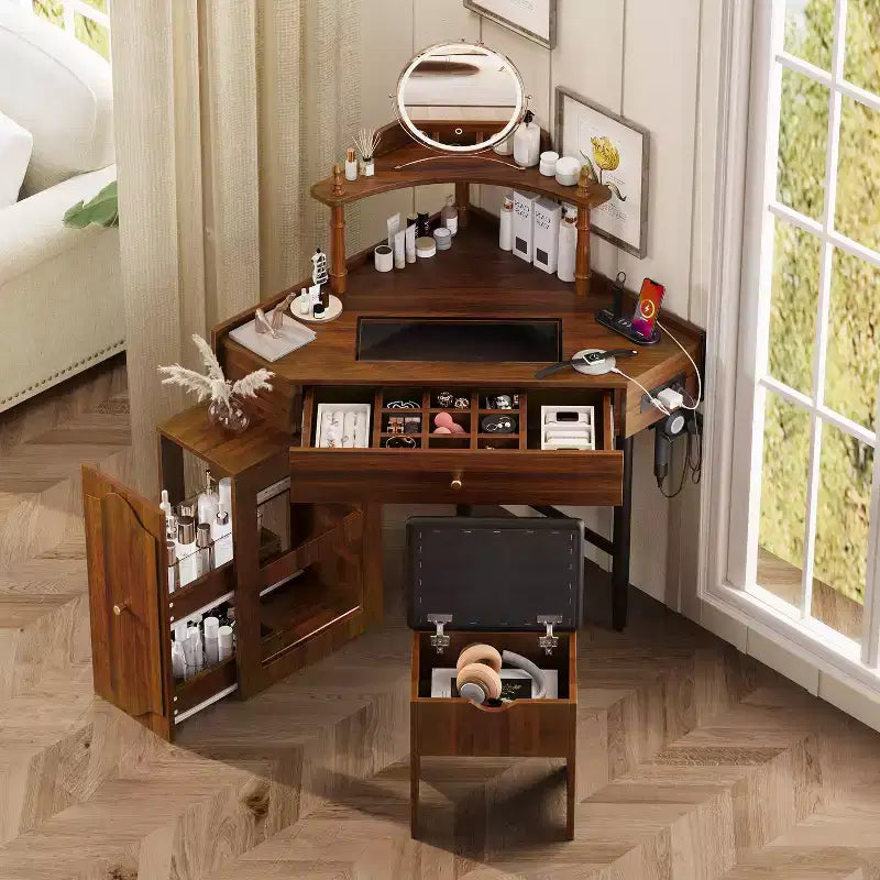 Coiffeuse vintage avec prise de courant et port USB, commode de rangement avec tabouret rembourré, table de maquillage en bois pour petites chambres