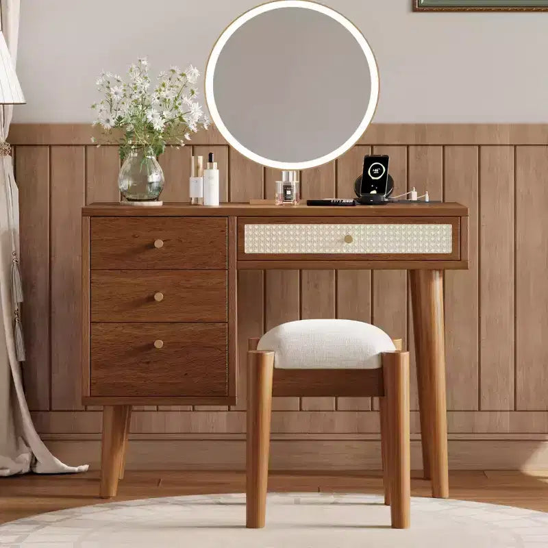 Coiffeuse vintage avec prise de courant et port USB, commode de rangement avec tabouret rembourré, table de maquillage en bois pour petites chambres