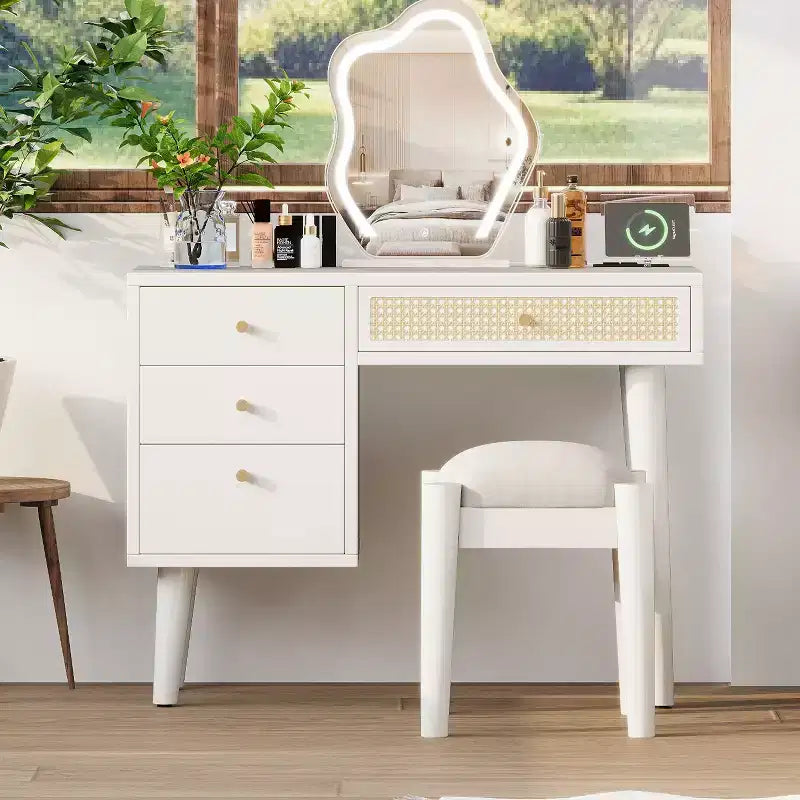 Coiffeuse vintage avec prise de courant et port USB, commode de rangement avec tabouret rembourré, table de maquillage en bois pour petites chambres