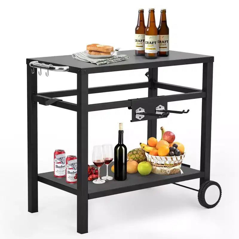 GustoWave 33x20 Metal Grill Cart for Outside, Outdoor Grill Table with 2-Shelf, Easy-to-Clean, Versatile BBQ Table, Black