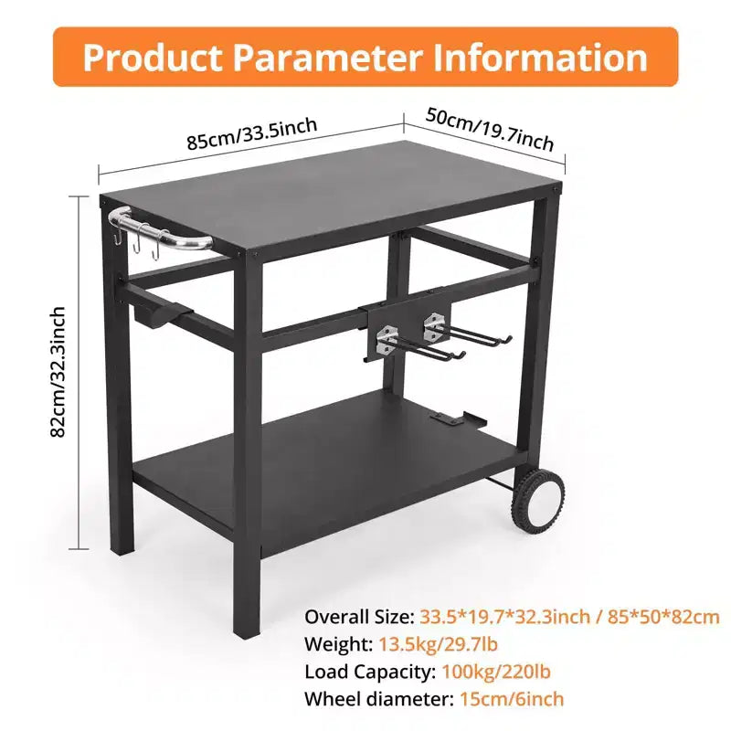 Chariot de service en métal 33x20 pour l'extérieur, table de barbecue avec 2 étagères, facile à nettoyer, polyvalente, noire