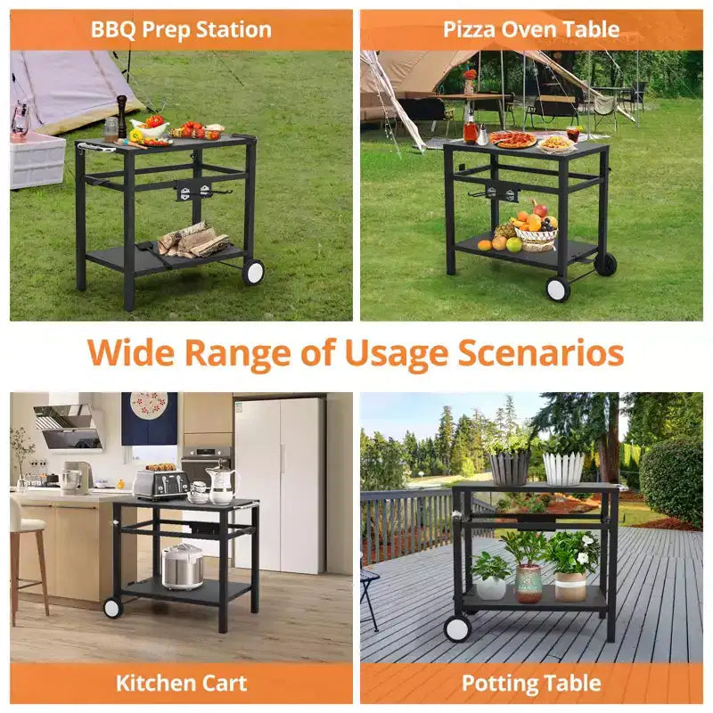 Chariot de service en métal 33x20 pour l'extérieur, table de barbecue avec 2 étagères, facile à nettoyer, polyvalente, noire