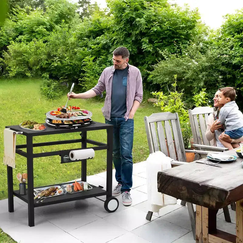 Chariot de service en métal 33x20 pour l'extérieur, table de barbecue avec 2 étagères, facile à nettoyer, polyvalente, noire
