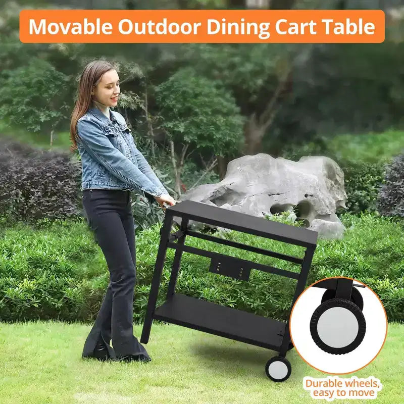 Chariot de service en métal 33x20 pour l'extérieur, table de barbecue avec 2 étagères, facile à nettoyer, polyvalente, noire